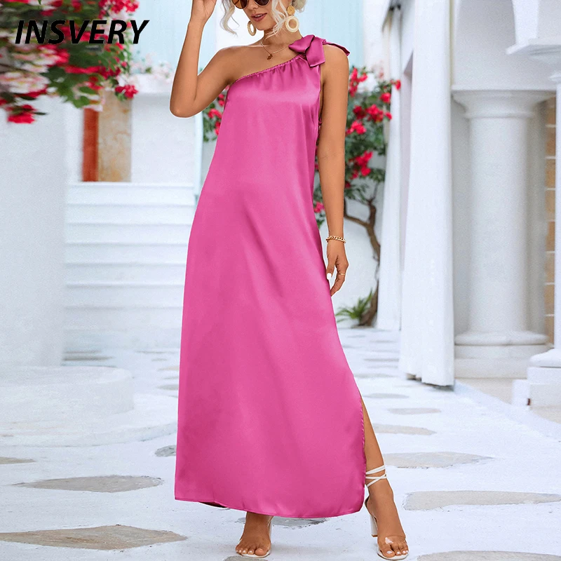

Women Sexy Off Shoulder Boho Long Dress Elegant One Shoulder Loose Party Dress Summer Solid Beach Maxi Dress