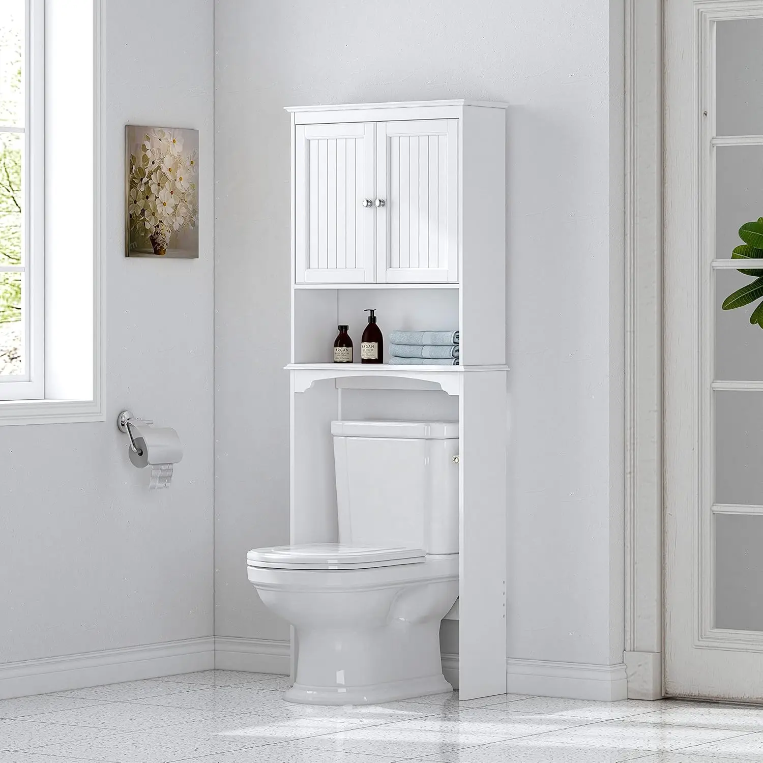 White Over Toilet Storage Cabinet with Adjustable Shelf, Bathroom Organizer Space Saver