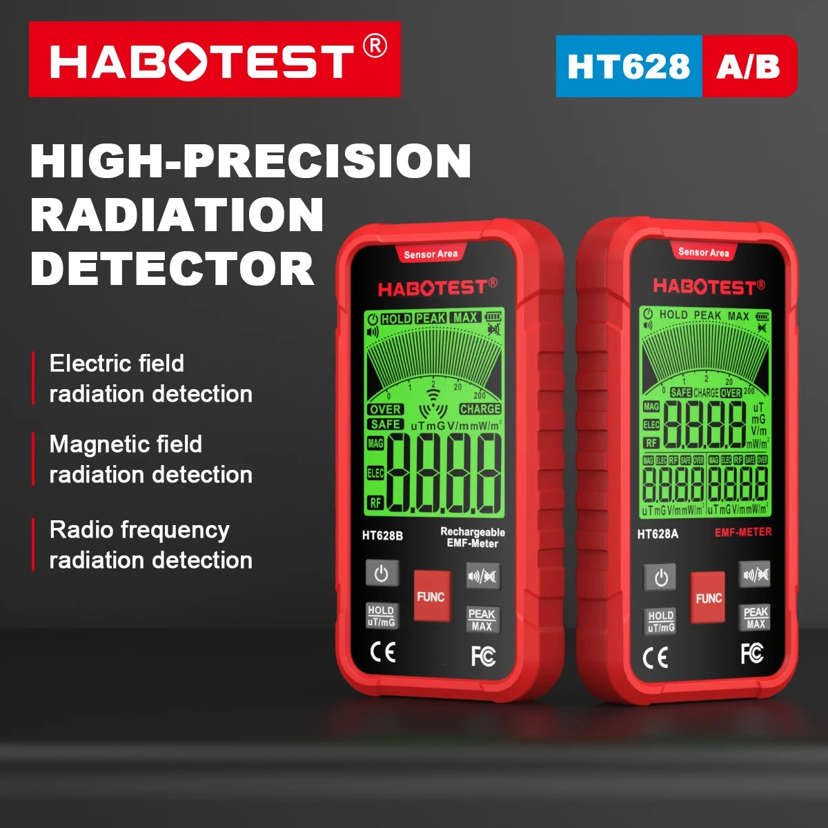 HABOTEST HT628 EMF Meter Electromagnetic Radiation Tester Electric Field Magnetic Field RF Radiation Radio Frequency Detector radiation detector,emf meter tester
