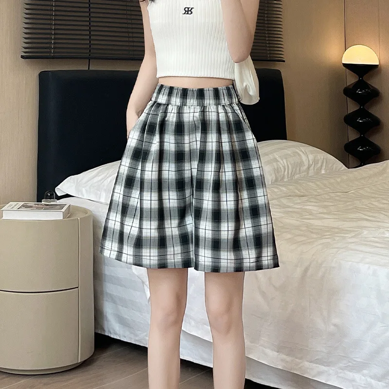 Women Plaid Shorts,Casual Elastic Waist Wide Leg Half Shorts,Loose Female Bottom Shorts for Summer,2025 Basic Style For Girls