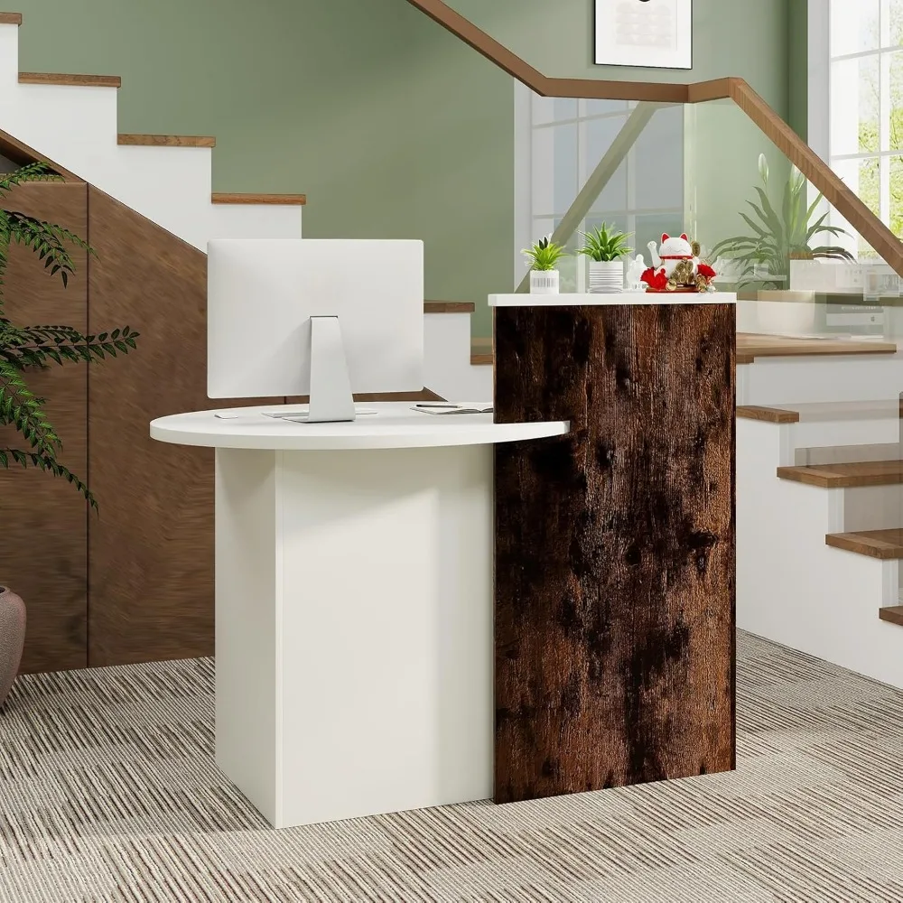 Reception Desk, Small Retail Checkout Counter with Lockable Drawer and Open Shelves, Wooden Computer Workstation for Home Office