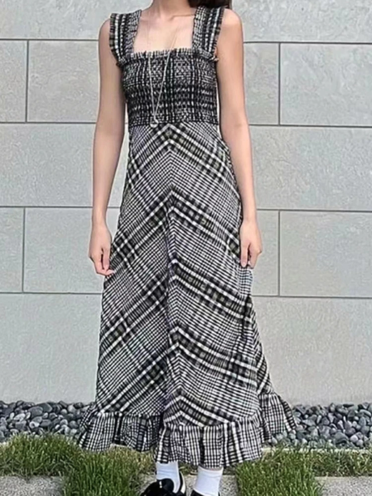 Women Slip Dress 2022 Autumn New Fashion Seersucker Plaid A-line Slim Ruffled Hem Midi Dress