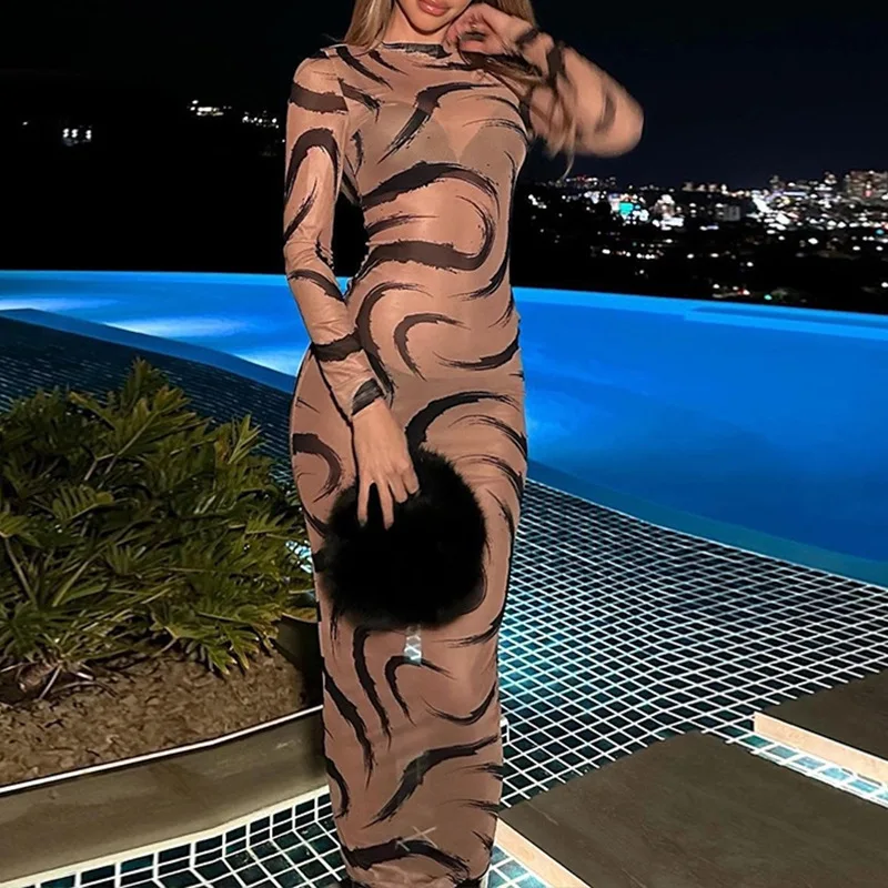 

Women's 2023 Printed Sexy Perspective Mesh Round Neck Pullover Tight Wrapped Hip Long Dress