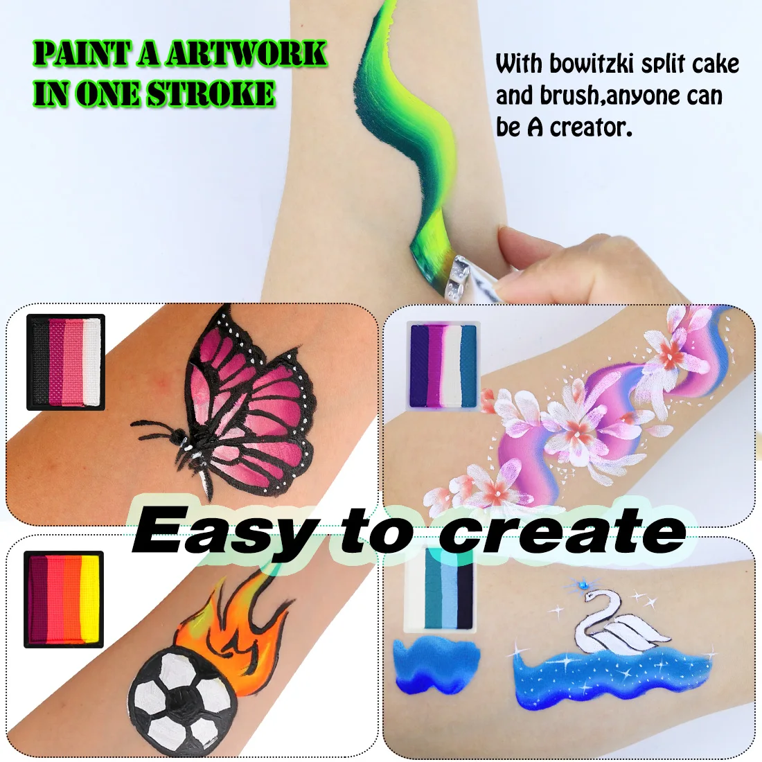 Bowitzki Carnival Professional Face Painting Kit for Kids Adults 12x10gm Body Stencil One Stroke Split Cake Rainbow Halloween 4