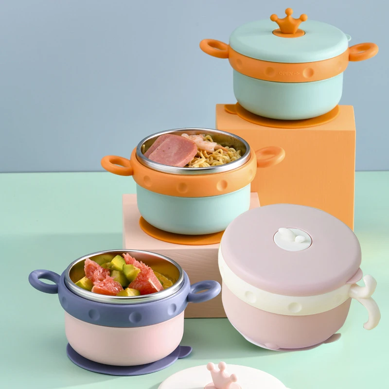 

Kids Dishes Stainless Steel Tableware Baby Bowl Sucker Feeding Plate with Fork Spoon Food Warm Hot Water Insulation Bowl