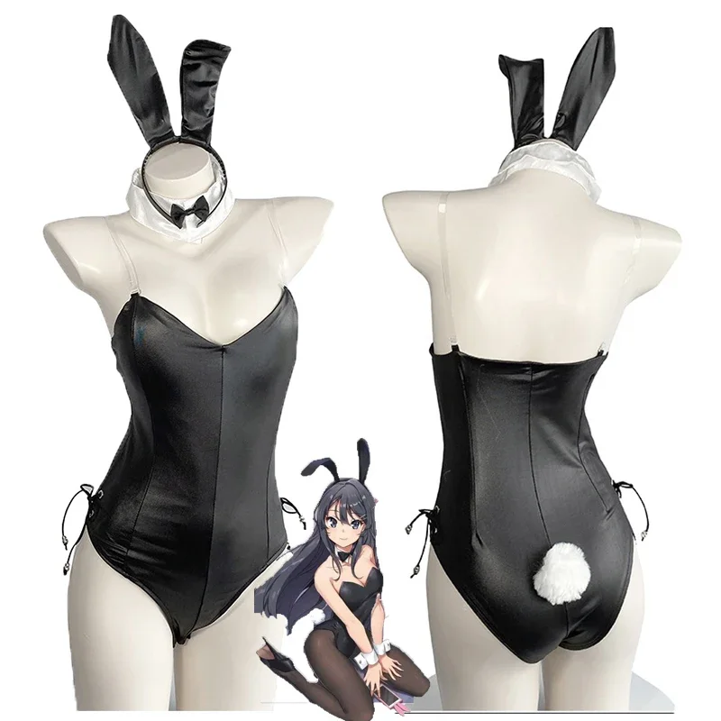 Anime Sexy Sakurajima Mai Cosplay Bunny Girl Jumpsuit Bunny Girl Senpai Cosplay Costume Faux Leather Woman Cute Rabbit Bodysuit