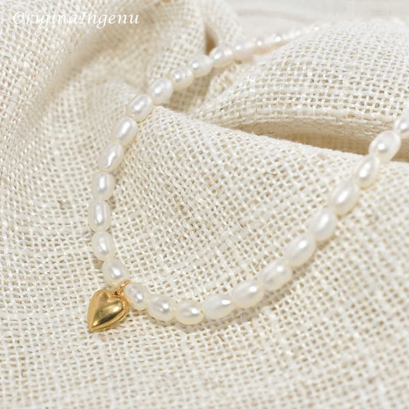 14K Gold Filled Natural Pearl Necklace Dainty Heart Charm Necklace