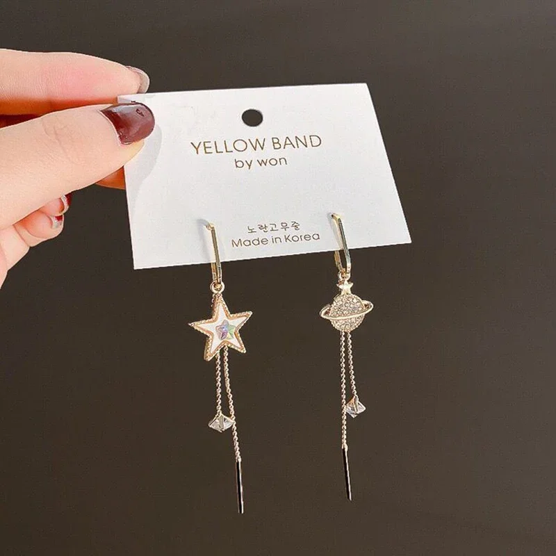2024 New Trend Star Earth Long Tassel Dangle Earrings For Women Planet Crystal Statement Pendant Earrings Wedding Party Jewelry - Image 5