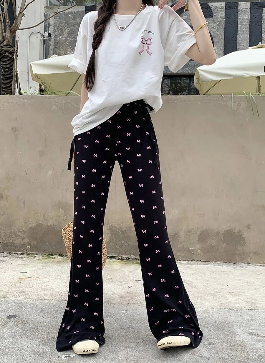 

Summer Elastic Waist Flare Bow Print Black Pant with side lace-up Slight Bootcut Bell Bottom #korean y2k cloth fairycore 2000s