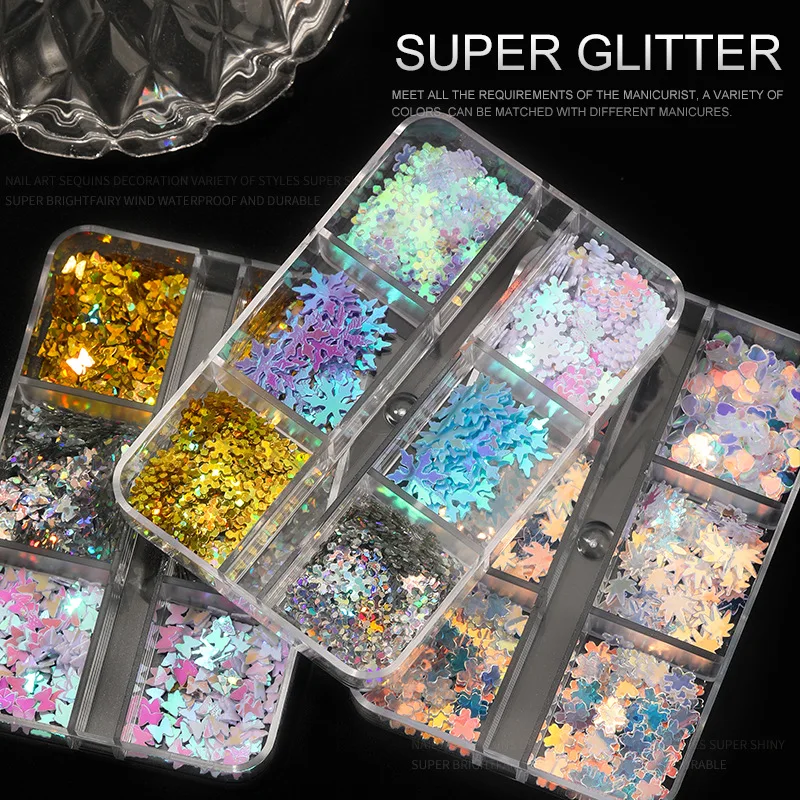 

6 Grids Colorful White Love Flower English Alphabet Patches Shiny Nail Sequins For Nail Designer Nail Art Decoration Accessories