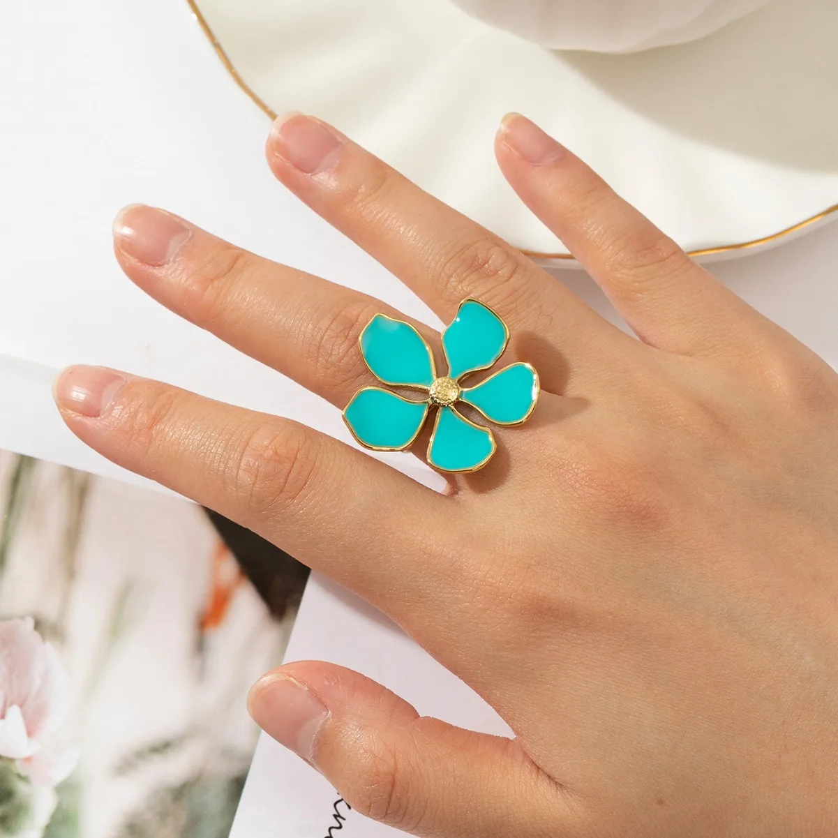 Trend iger geometrischer verstellbarer Edelstahl ring für Frauen vergoldeter minimalisti scher grüner Amaranth modischer eleganter Schmuck – Detail 10