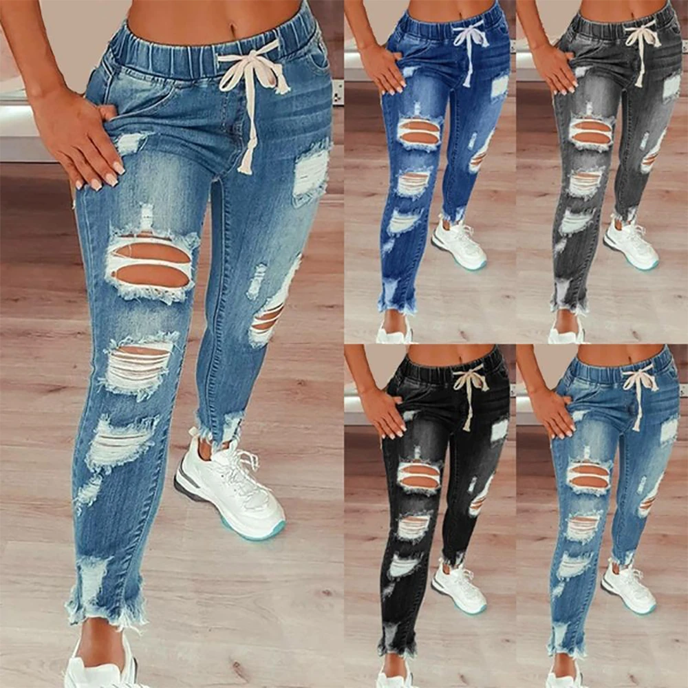 boyfriend jeans Drawstring Hole Jeans Streetwear Women Pencil Pants Ripped High Waisted Vintage Hip Hop Denim Trouser Jean Women Bottomed tommy jeans