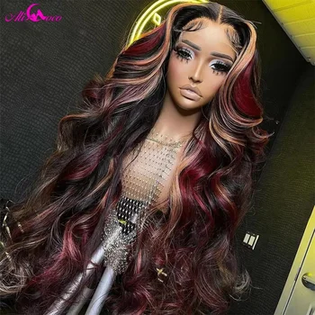 Black Red Blonde Highlight Wig180% Density Blonde Red Highlights 13X4 HD Lace Front Glueless Balayage Wigs Human Hair for Women 1
