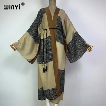 WINYI kimono Europe Retro print boho kaftans for woman Cover-up Elegant Cardigan sexy Holiday maxi beach swimsuit evening dress 1