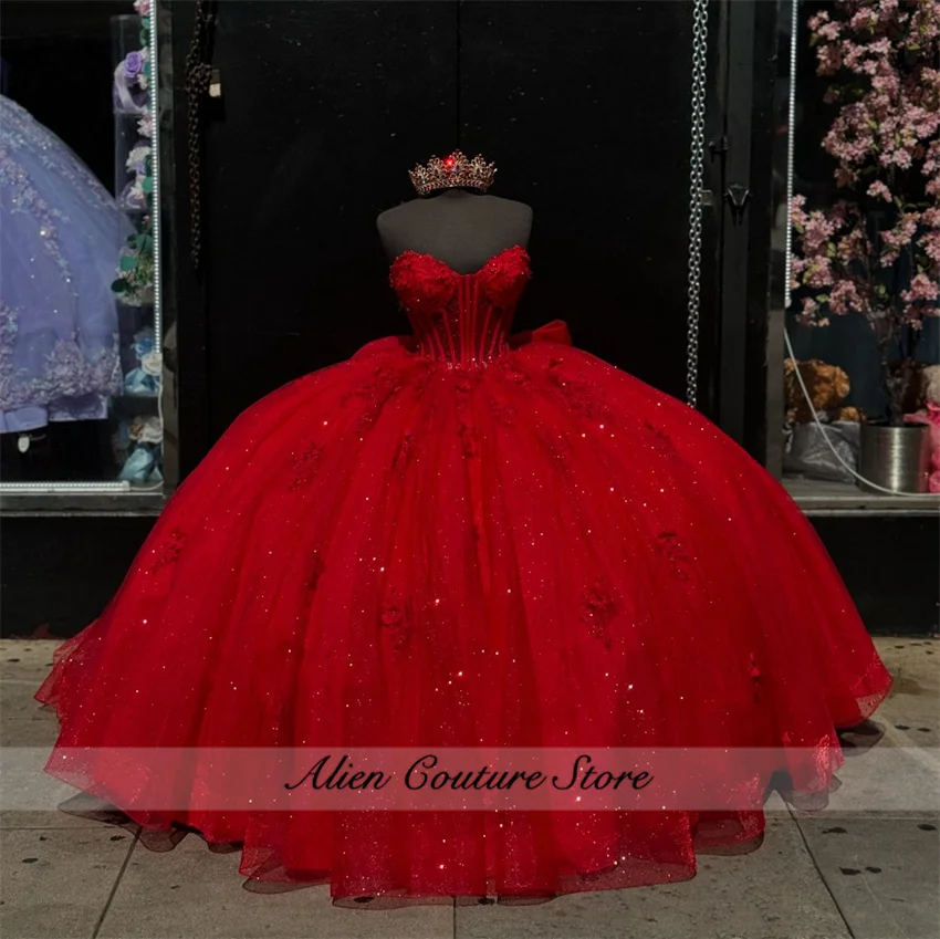 Quinceanera Dress Ball Gown Bead Appliques Graduation Party Gowns Luxury Red Vestidos De 15 A&ntilde;os With Bow Customized
