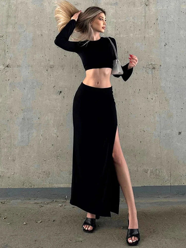 

Sexy Women Crop Top and Maxi Skirt Two Piece Outfits Fashion Splice Long Sleeve Top Slim Fit Slit Long Skirt Two Piece Outfits