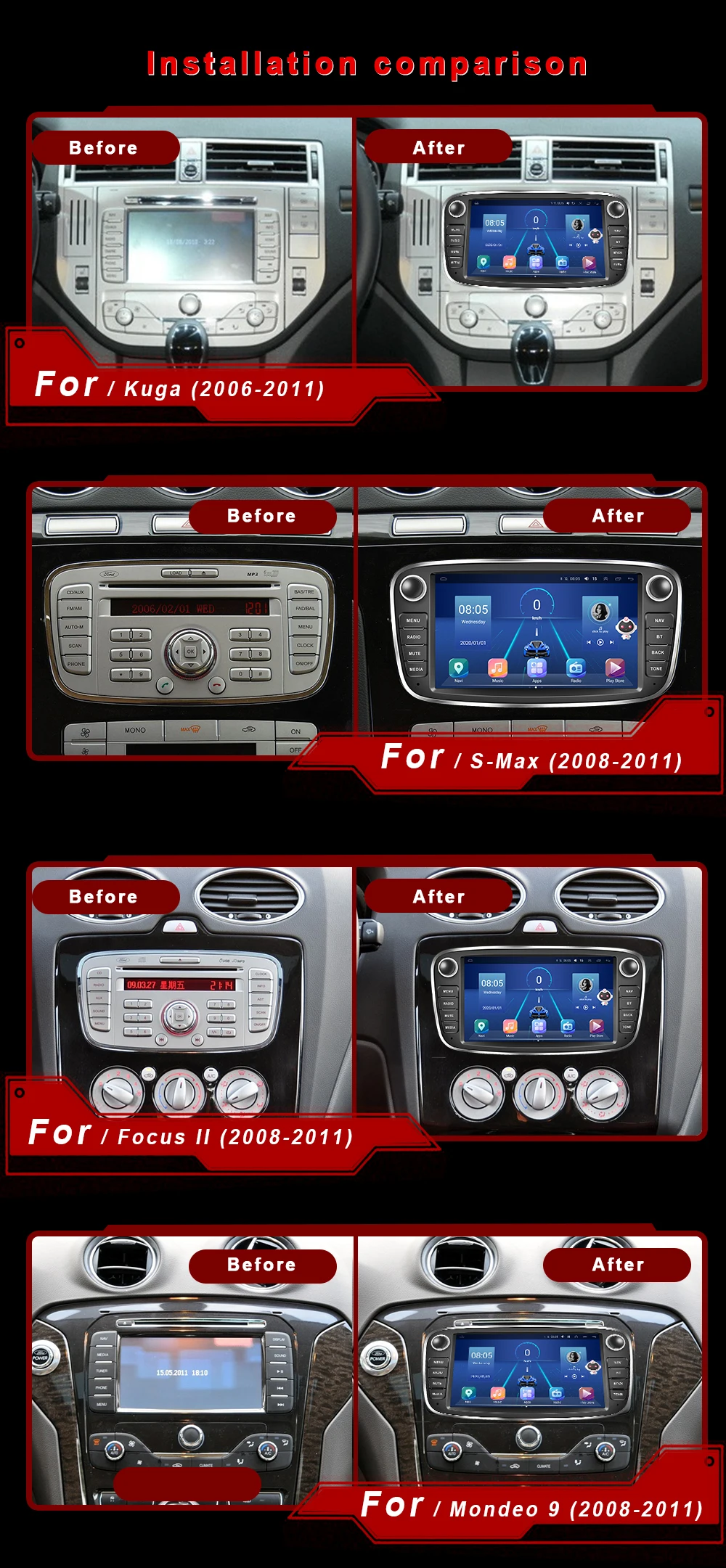 Podofo 4G HIFI Android 10 2 Din Car Radio Multimedia Video Player For Ford Focus S-Max Mondeo 9 Galaxy C-Max Navigation GPS 2din xtrons android car overhead player