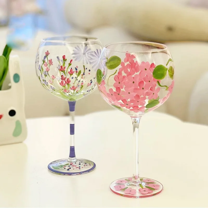 Whiskey glass glass drinkware pink purple crystal glass hand-painted floral goblet red wine glass Chinese antique wine
