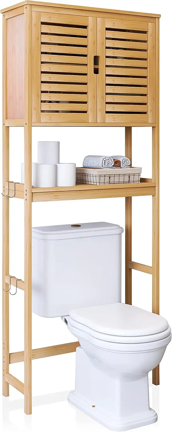 SMIBUY Bathroom Over The Toilet Storage Cabinet, 2 Door Bamboo Cabinet Organizer, Space Saver Toilet Rack with Adjustable Inside