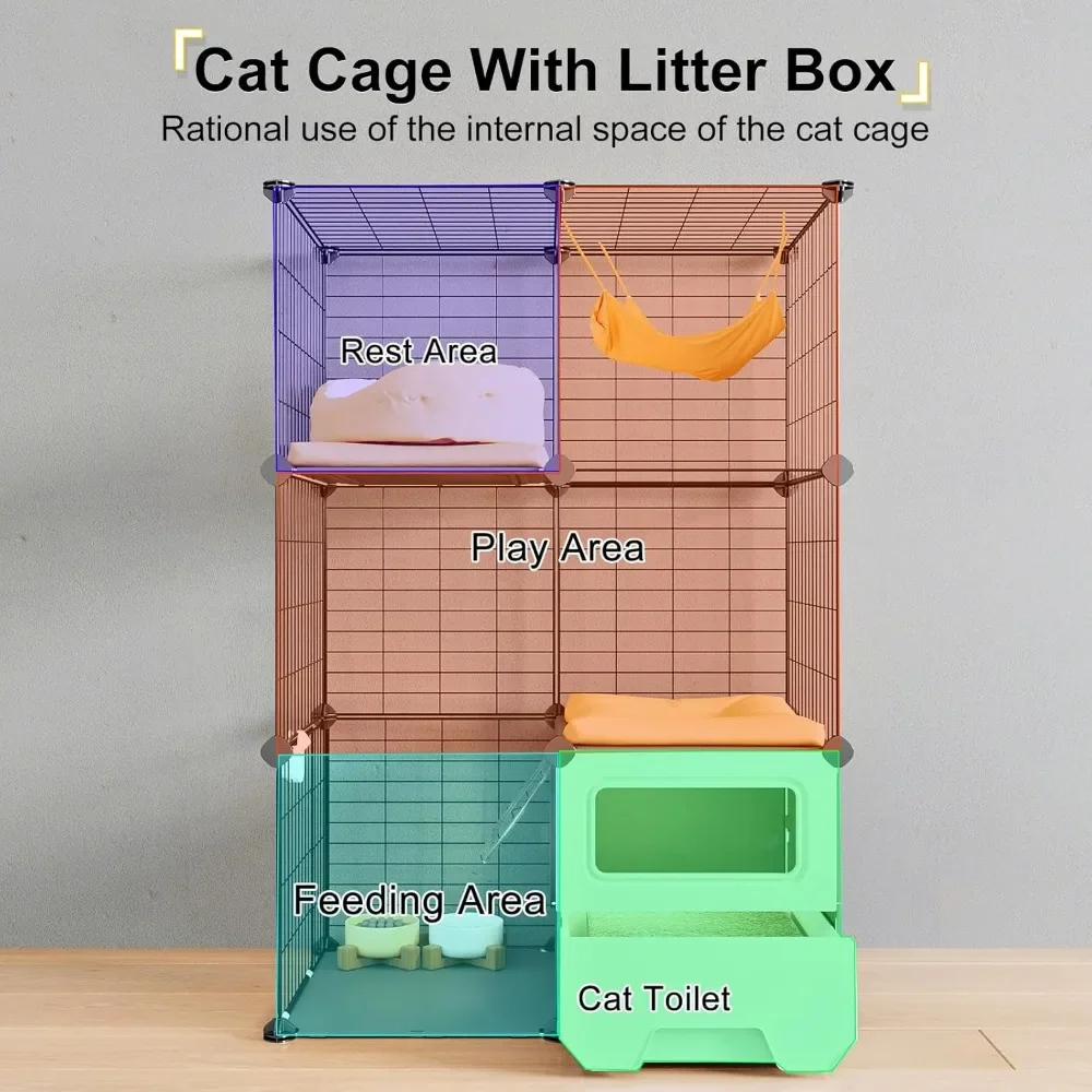 Cat Cage Indoor with Litter Box 3-Tier DIY Cat Detachable Metal Wire Kennel Crate Large Exercise Place Ideal for 1-2 Kitten