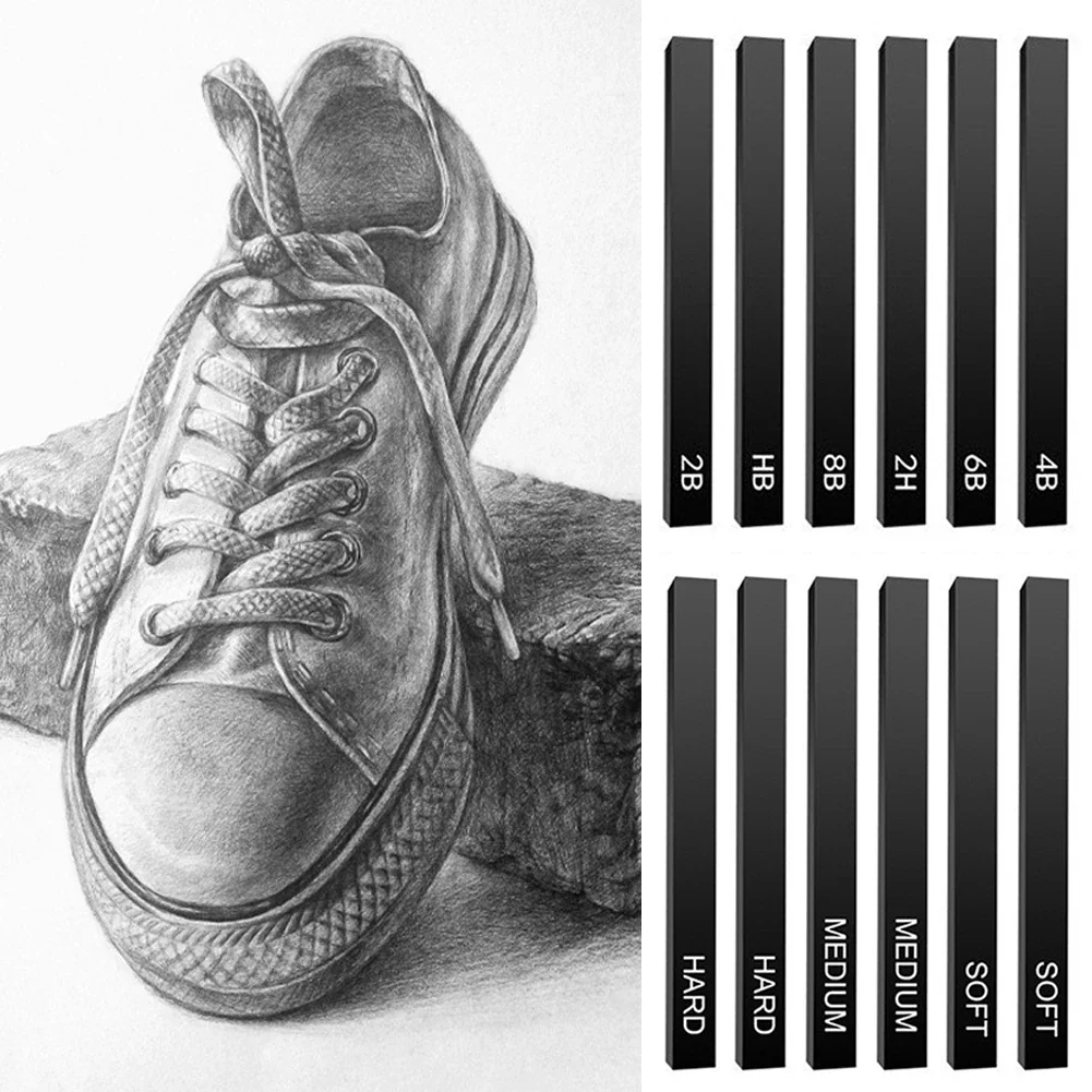 6pcs Carbon Strip Professional Black/White Carbon Sketch Hard/Medium/Soft Woodless Charcoal Pencil Set Drawing Painting Supplies 5