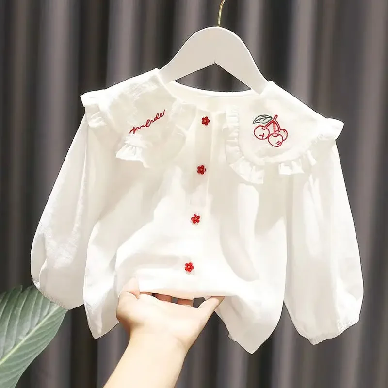 Girls' Shirt Spring and Autumn Polo Collar Pure Cotton Long Sleeve White Shirt Girls' Children's Top Blouse for Girls kids shirts