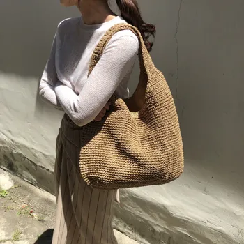 2023 Mode Rattan Frauen Umhängetaschen Wikcer gewebte weibliche Handtaschen große Kapazität Sommer Strand Stroh Taschen lässige Tasche Geldbörsen — изображение 2