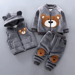 Cozy Fleece Cartoon Bear Jacket Vest & Pants Set for Kids - Warm Autumn Winter Outfit (Gray)