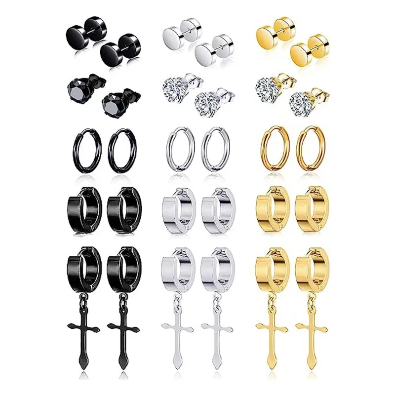 1/15Pairs Punk Stud Earrings Set for Men and Women Gothic Stainless Steel Cartilage Tragus Helix Ear Piercing Jewelry