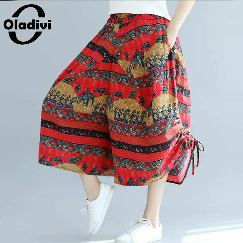 

Oladivi Oversized Women Fashion Print Cotton Linen Wide Leg Pants Summer Casual Pant Loose Capris Big Size Trousers L XL XXL 5XL