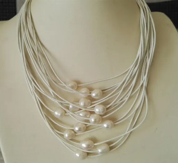 

Unique Design AA Pearl Jewelry,15 Strands White Genuine Freshwater Pearl Leather Necklace,Wedding Birthday Nice Lady Gift