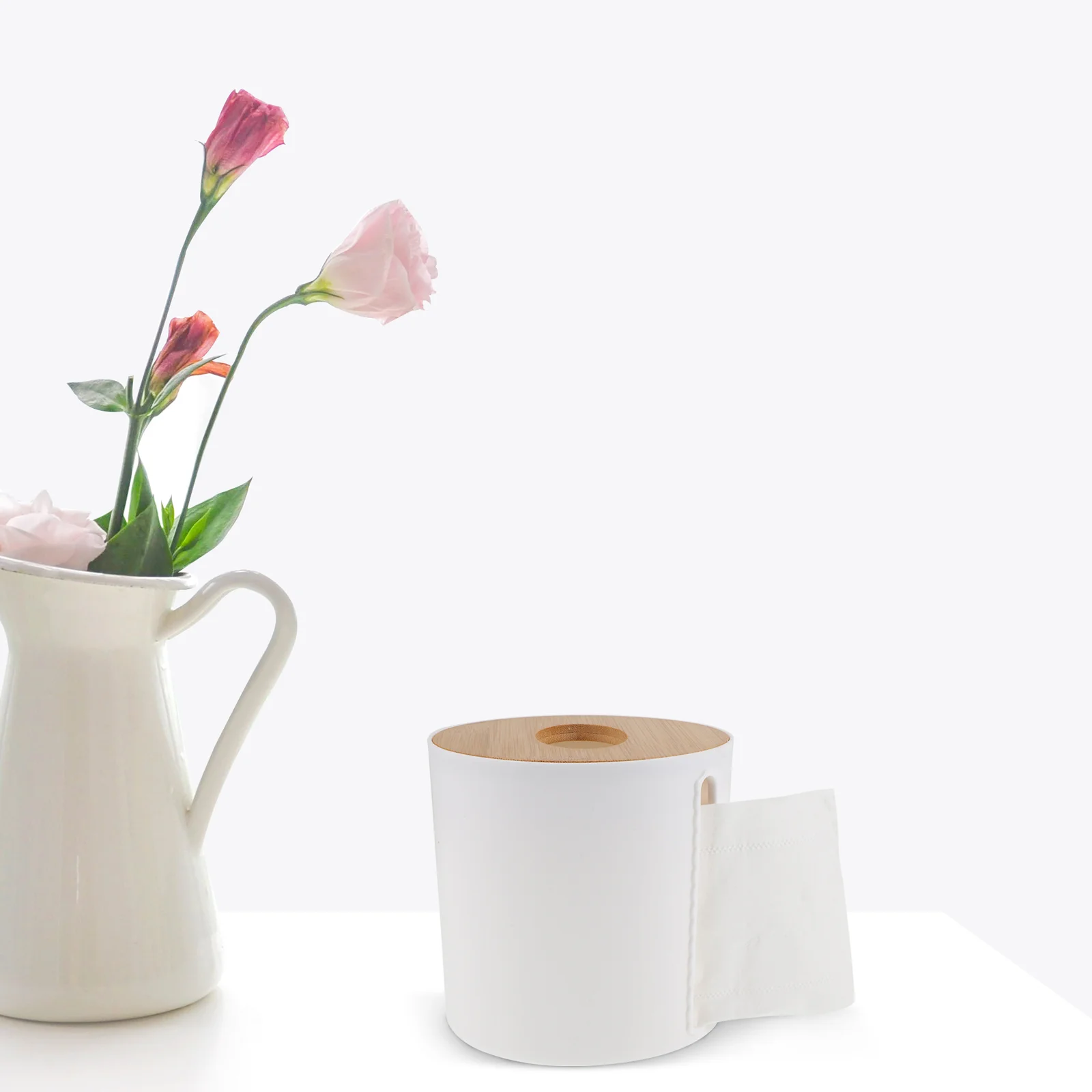 Round Bamboo Cover Paper Roll Roll Paper ganizer Holder White Compact Stable Bottom Kitchen Bathroom Home Bar Hotel Use 6