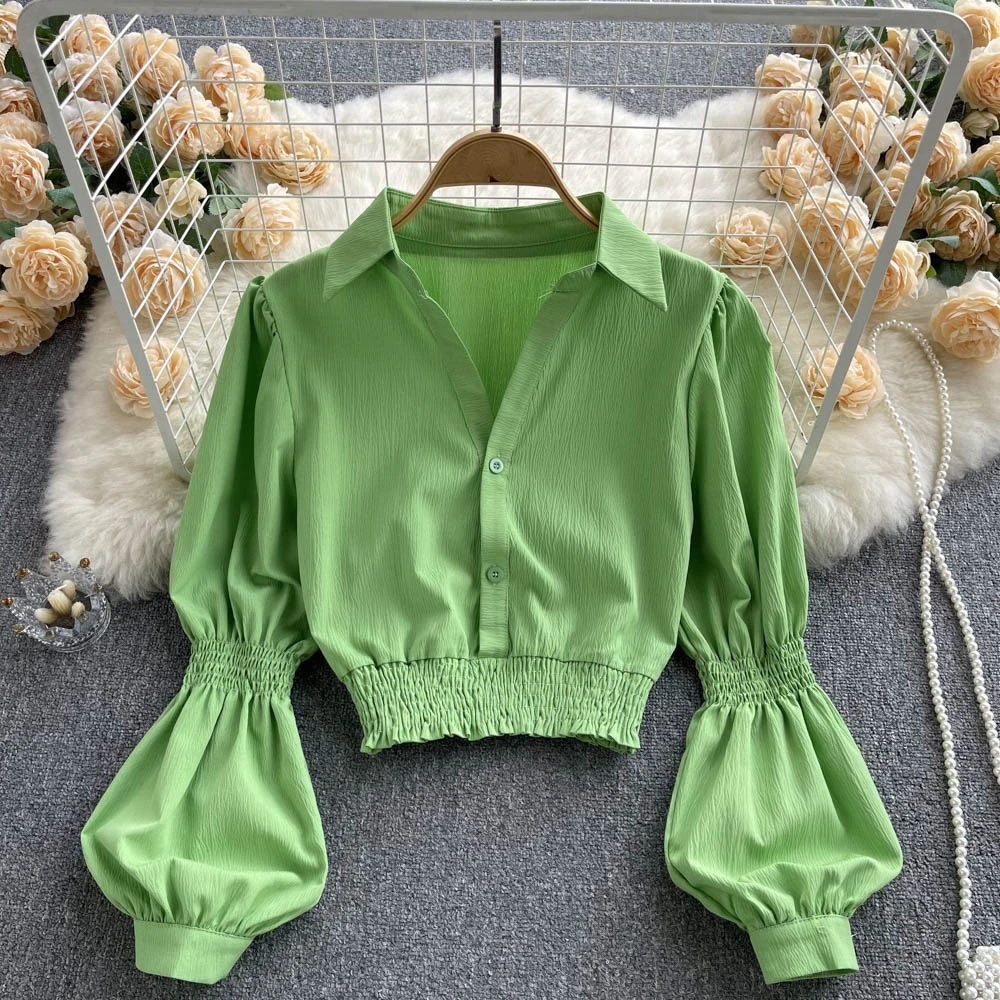 

French Style Puff Sleeve Chiffon Shirts Tops Autumn Women Slim Short Temperament White Shirt Casual Basics Women's Blouses