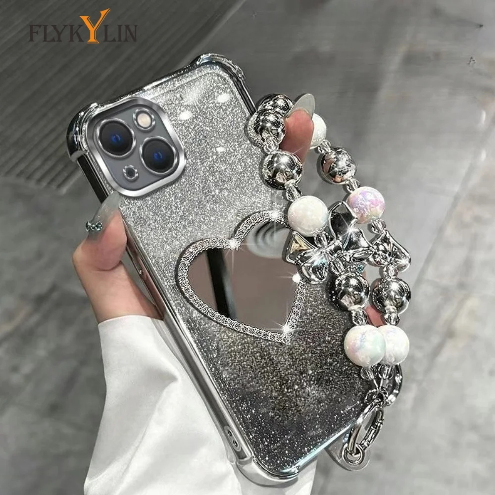 Luxury Bracelet Shockproof Phone Case For Huawei P50 P60 P30 P40 70 Pura Pro Mate 60 70 Pro Glitter Heart Mirror Silicone Cover