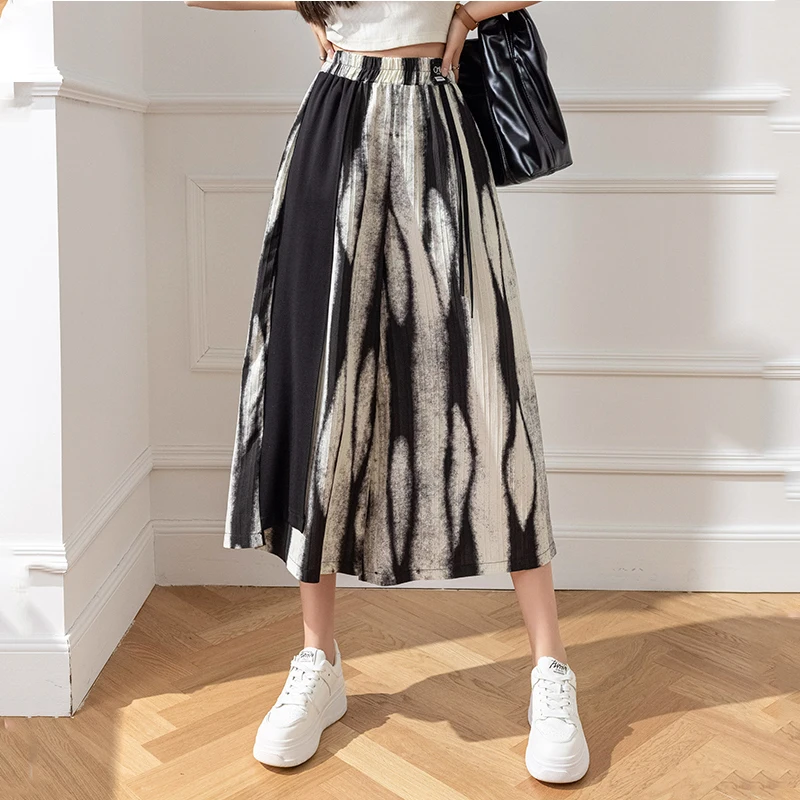 Vintage Tie Dyed Velvet Baggy Pants Women Summer New Fashion High Waist Elastic Loose Wide Leg Pants