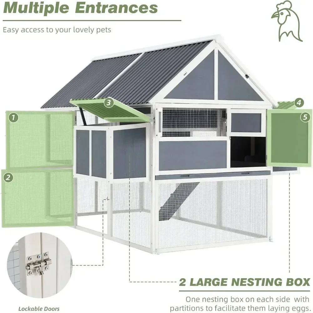 84” Large Chicken Coop, Outdoor Wooden Hen House Poultry Cage for 8-10 Chickens Walk in Chicken House with Run 6