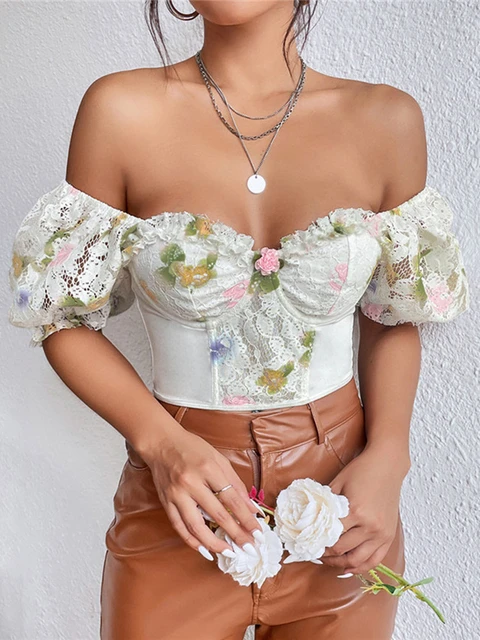 White Floral Embroidered Polyester Corset Top