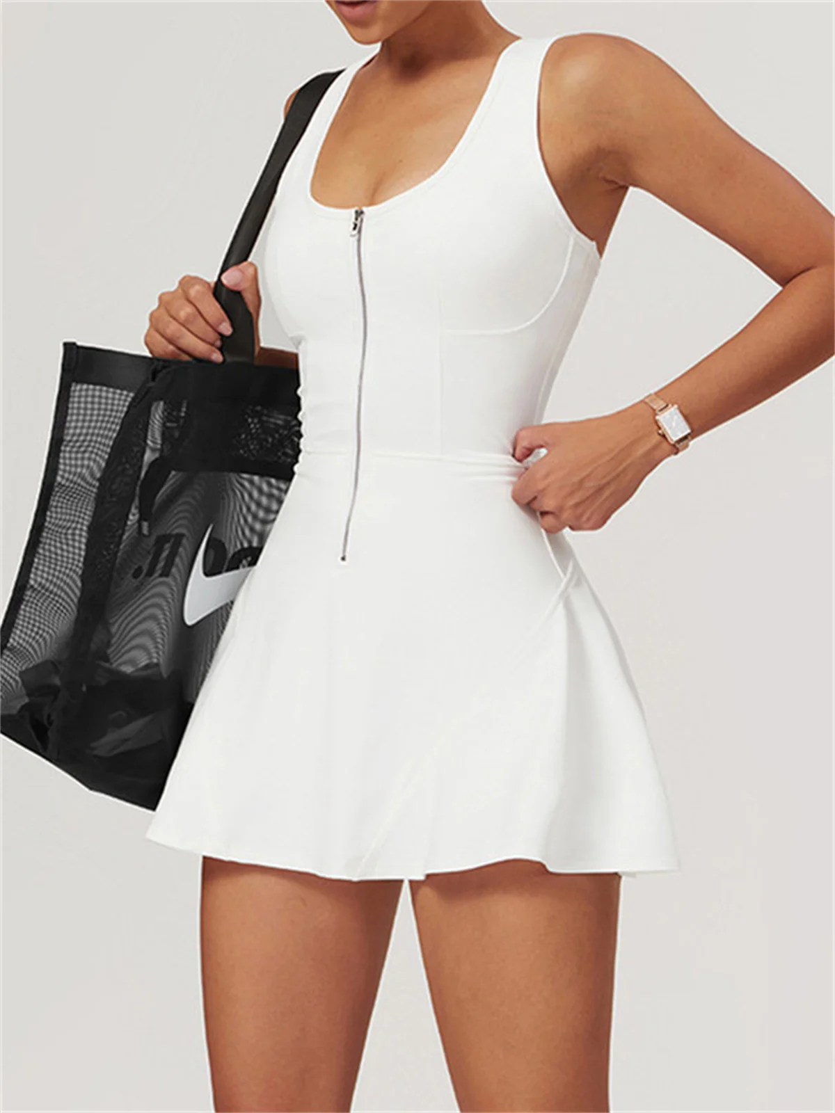 Women dress sports clothing tennis dress with shorts women badminton clothing fitness golf wear white zipper anti-emptied sports skirt stretchy gym yoga set