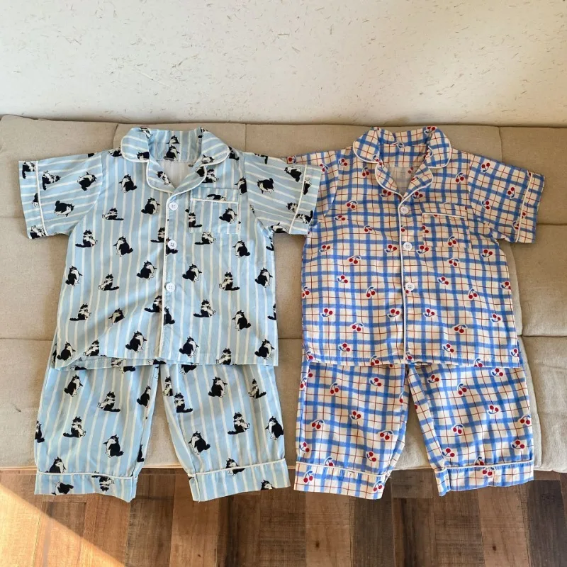 Children's Pajamas Summer 1-8Y Home Clothing Set Thin Pure Cotton Boys Lapel Top Pants 2Pcs Suit Girls Cartoon Printed Sleepwear
