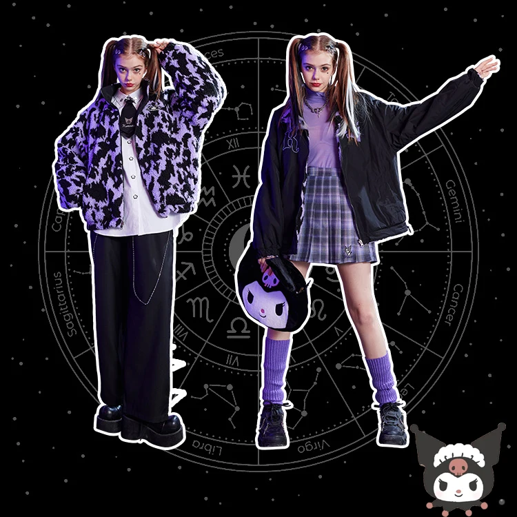 

kawaii Sanrios Kuromi Cartoon Women Reversible lamb wool coat Anime Plush Coats Loose Jacket JK Lolita Casual Teen Streetwear