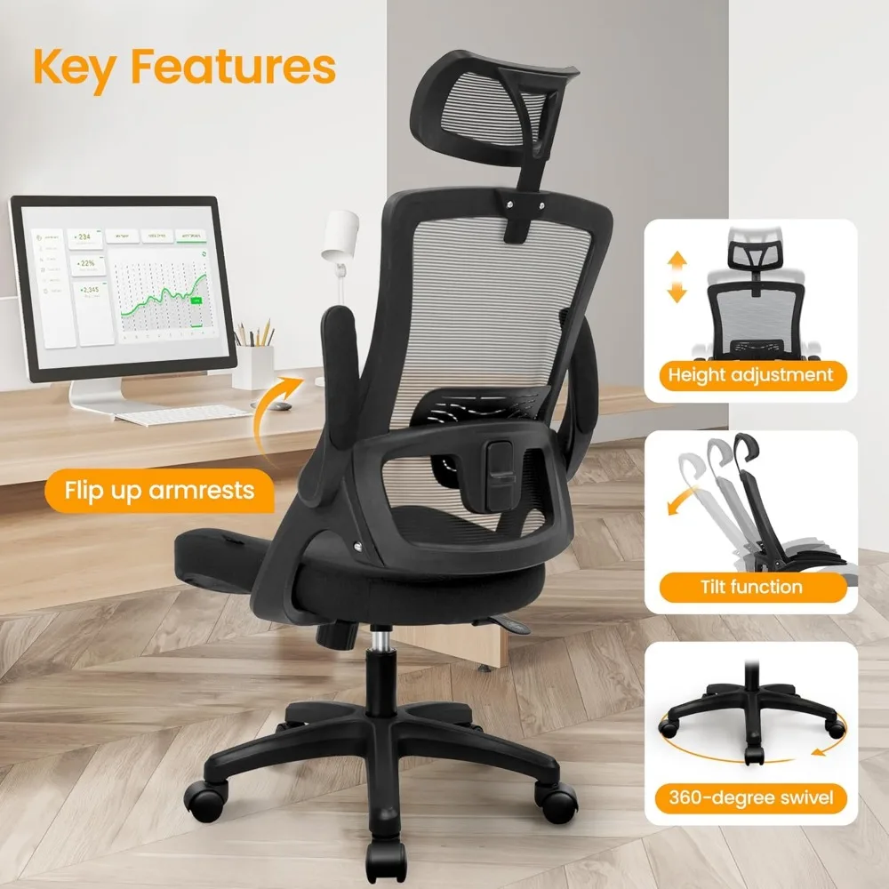 Ergonomic Office Desk Chair High Back Computer Gaming Mesh Chair with Comfy Task Adjustable Arms Lumbar Support Headrest 3
