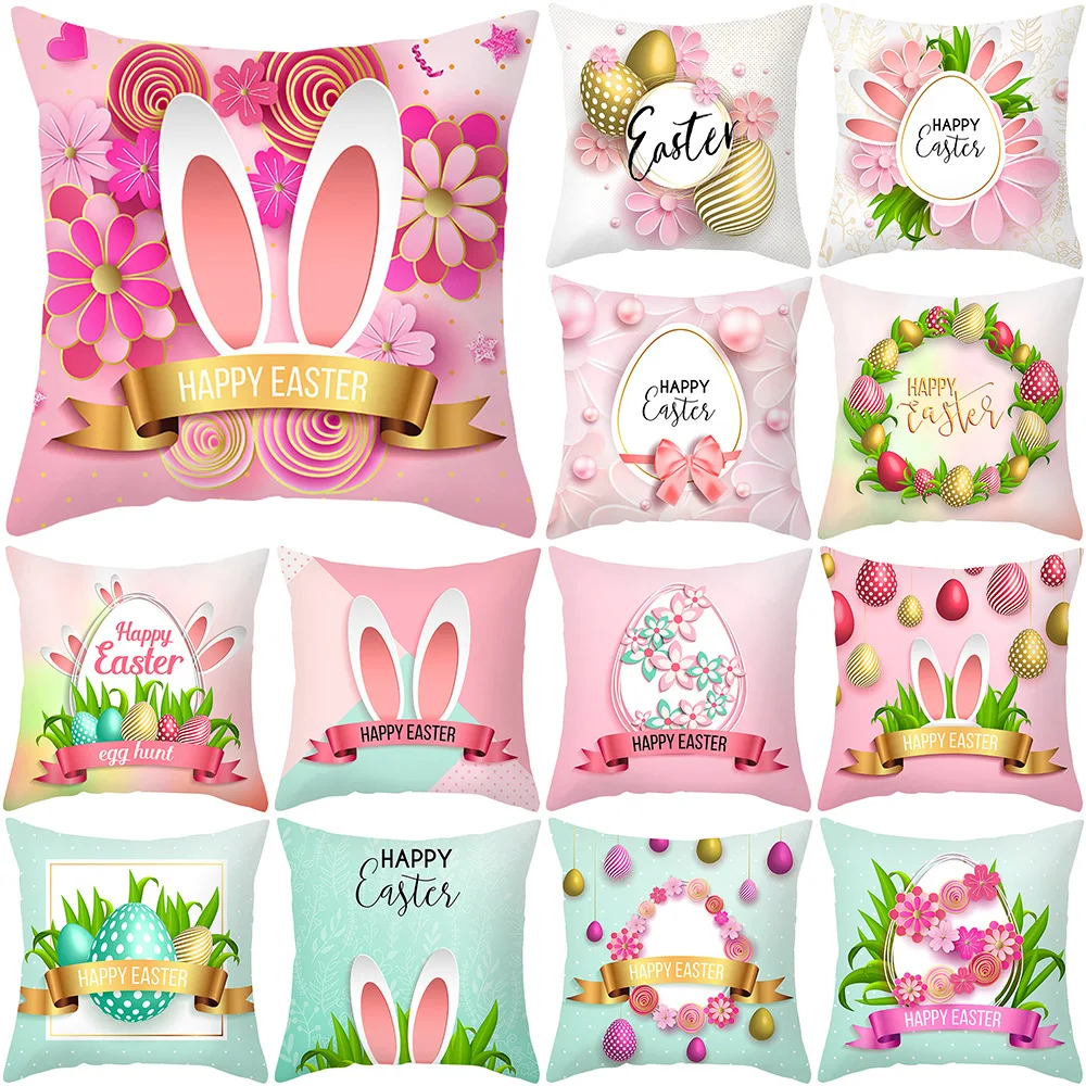 

2022 Happy Easter Holiday Decor Cushion Cover Bunny Easter Eggs Pink Pillow Cover Easter Decor Polyester Pillowcase for Couch