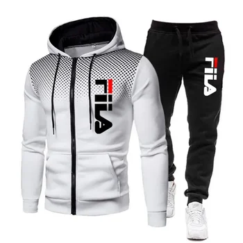 New men's casual jogging fitness fashion sports clothing set autumn and winter printed zipper hoodie + two sets of stretch pants