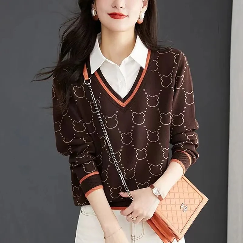 

Fake Two Pieces Cute Jacquard Spliced Sweater for Women Knitted Loose Fashion Vintage Casual Jumper Autumn Winter New Knitwear