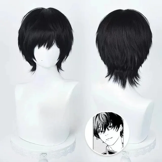 Yoshida Hirofumi Anime Chainsaw Cosplay Perruque, Cheveux Synthétiques, Noir, Court, Degré de Chaleur, ixHomme 1