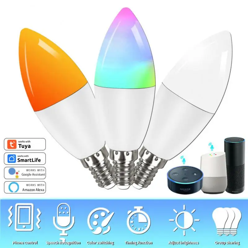 

Rgb Wifi Dimmable Led Bulb 5w 7w 9w Smart Light Bulb Tuya E14 Candle Lamp Compatible Alexa Home App Control