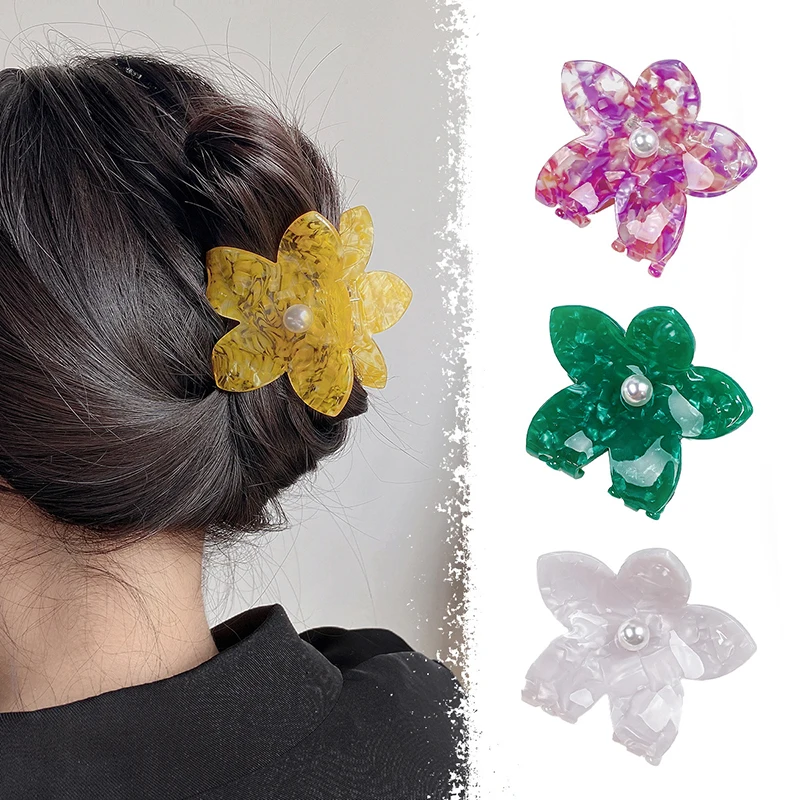 

Korean Popular 7CM New Pearl Flower Hair Clip High Quality Colorful Acetic Acid Shark Clip Hair Accessories For Woman Girls