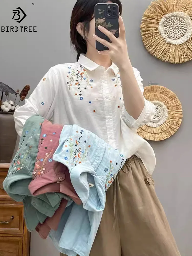 

Женская хлопковая рубашка с вышивкой, блузка с цветочным принтом и отложным воротником, с рукавом 3/4, в офисном стиле, для весны и лета, T45501QM, 2024