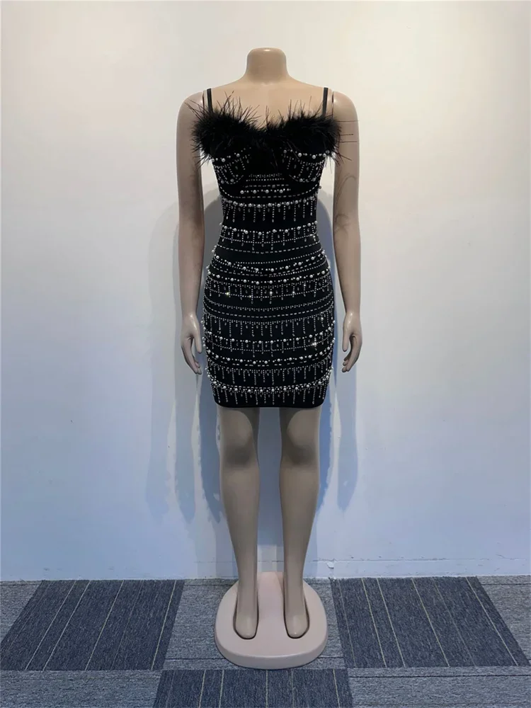 Wmstar  Dresses  Rhinestone Pearl Feather Party Club Outfits for Women Spaghetti Strap Cleavage Package Hip Bodycon Short Dress