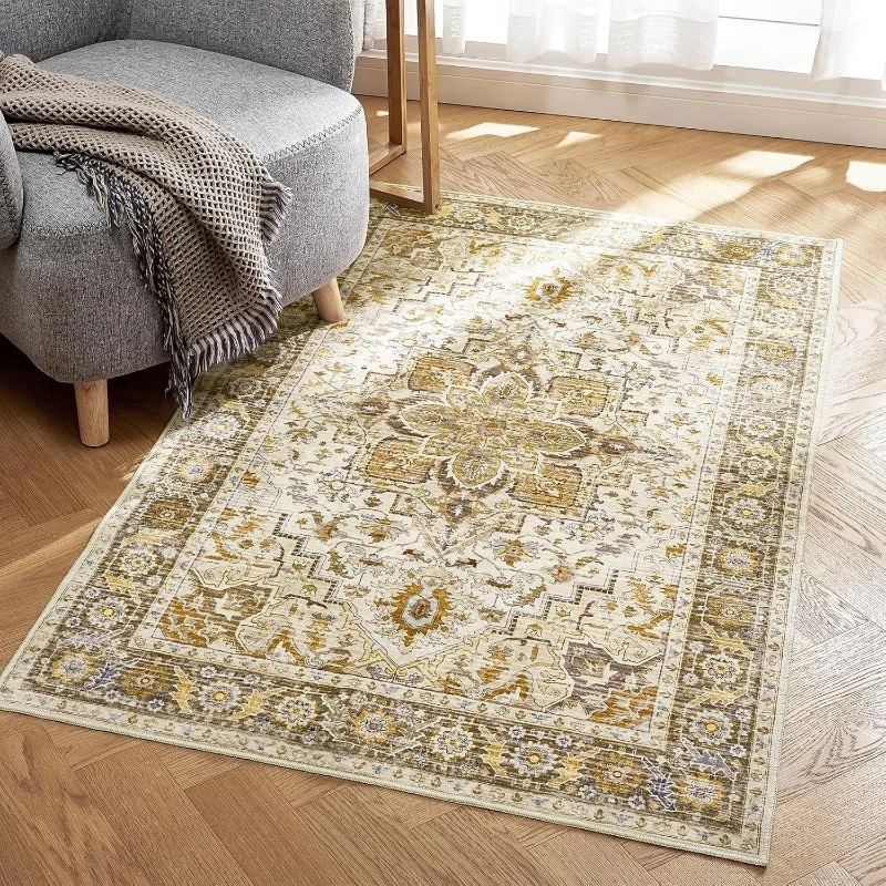 Large Area Vintage Living Room Carpet Bohemian Floral Print Bedroom Rug Machine Washable Soft Home Decor Coffee Table Mats Tapis